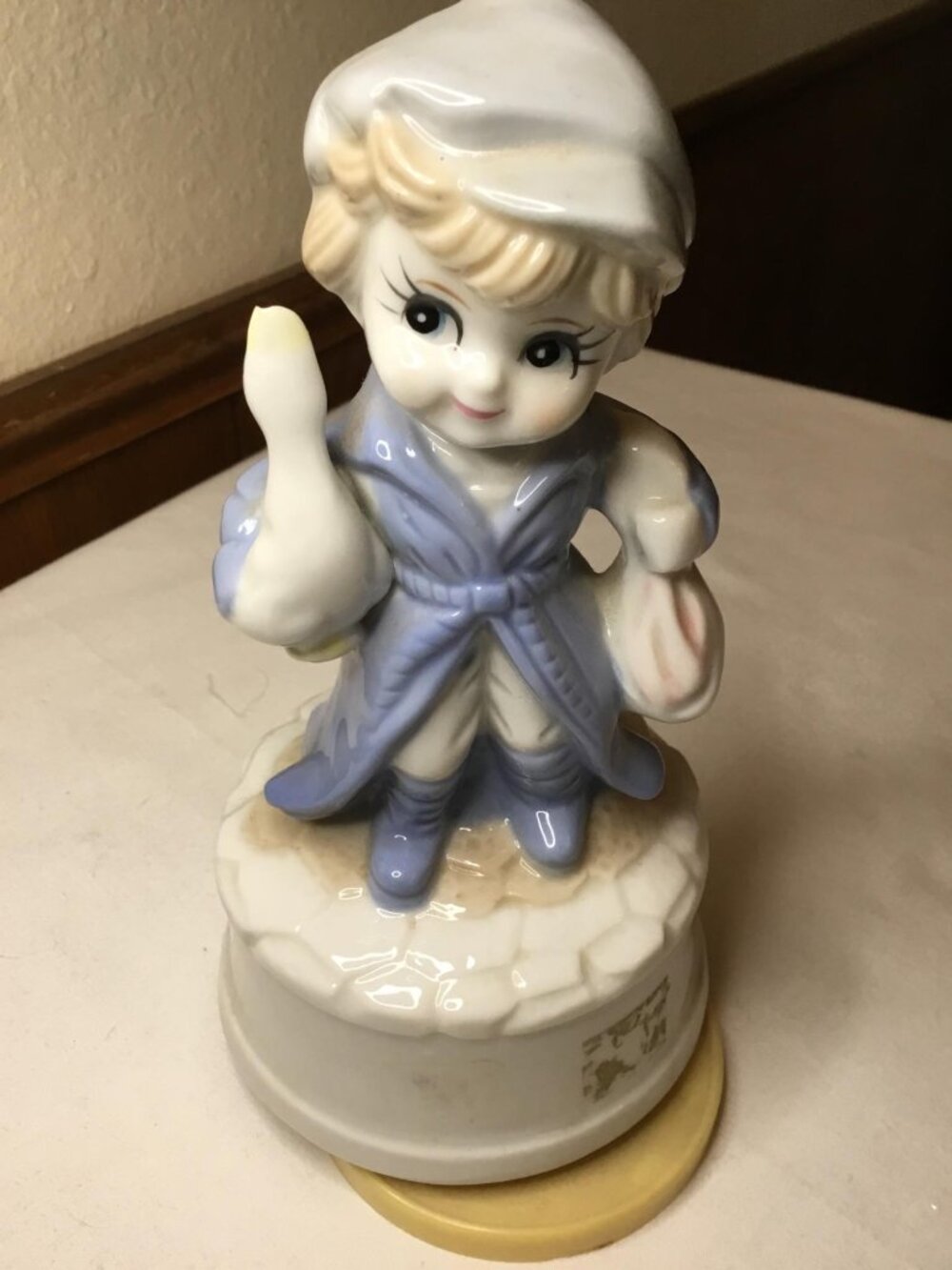 Vintage Ceramic Figurine Of Girl With Goose Pastel Blue & White Musical Base